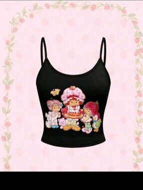 Black Strawberry Shortcake Graphic Spaghetti Strap Crop Top
